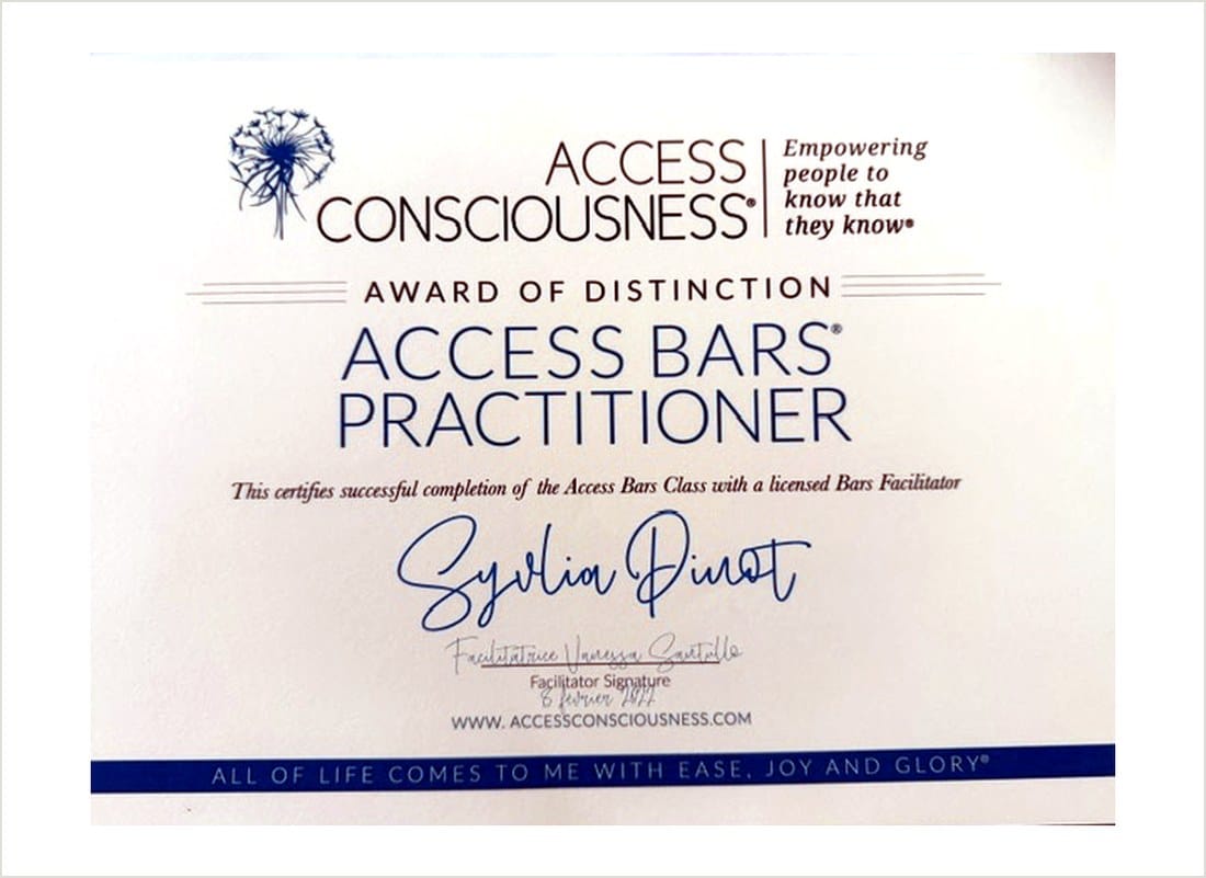 Certificat Access Bars Practitioner décerné à Sylvia Pinot par Access Consciousness